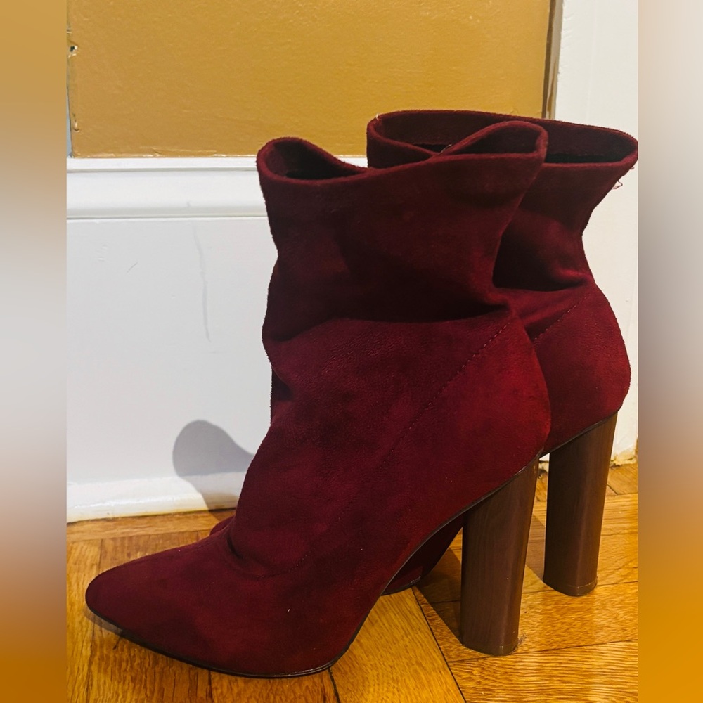 Burgundy High-Heeled Booties with Wooden Heel